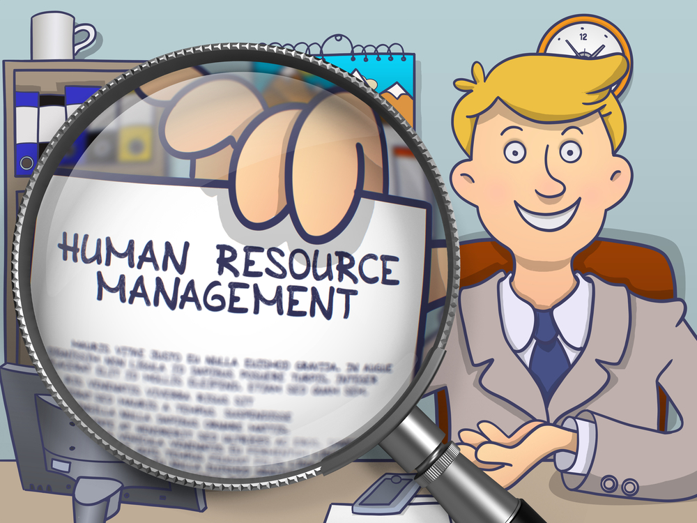 Businessman in Office Workplace Showing Paper with Inscription Human Resource Management. Closeup View through Magnifier. Multicolor Doodle Style Illustration.